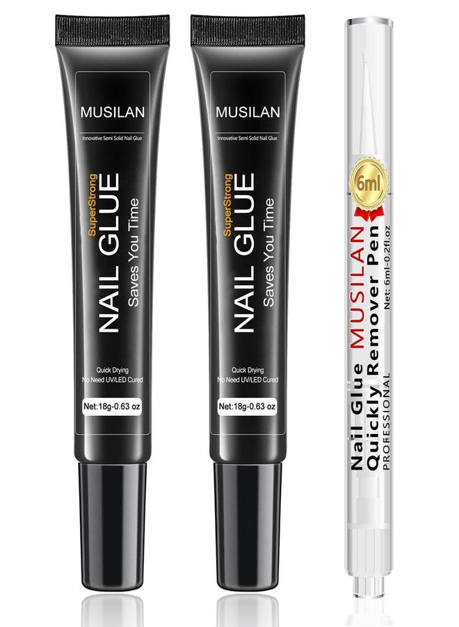 MUSILAN 2PCS 18g Solid Nail Glue Gel with 6ml Remover Pen,Super Strong Nail Glue & Quick Drying Remover for Press On Tips No Need for UV Lamp Magic Click Removal Pen Powder Design - Image 1